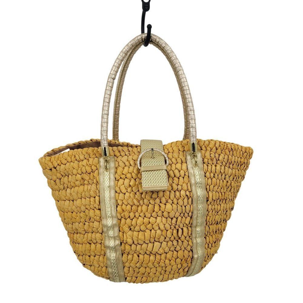 Vintage XOXO Vegan Beach Bag Straw Corn Husk Woven Tote Large Tan Metallic Boho